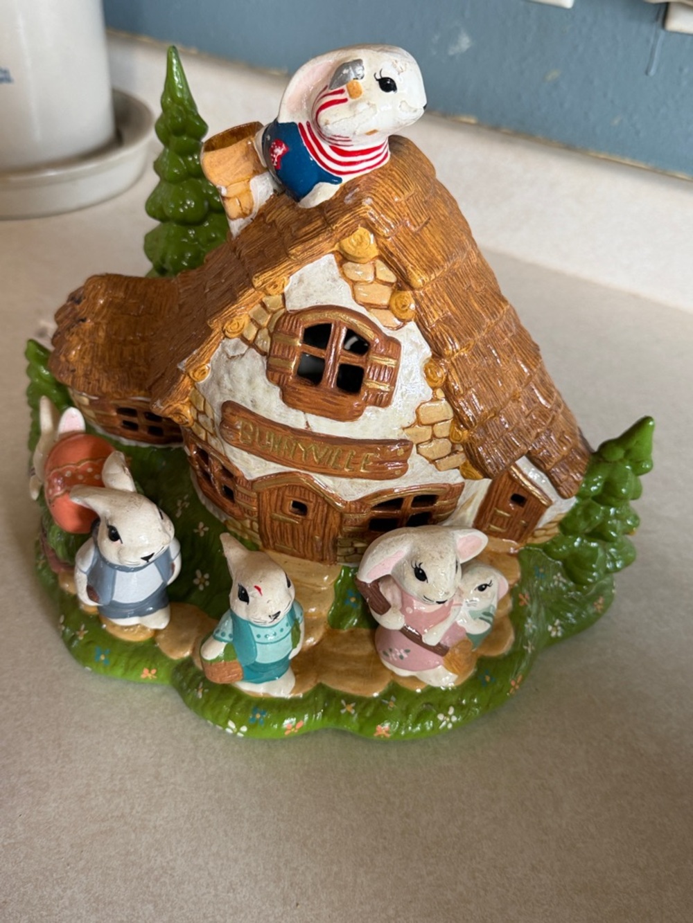 Ceramic Bunny Cottage Figurine - Pastel Multi-Color